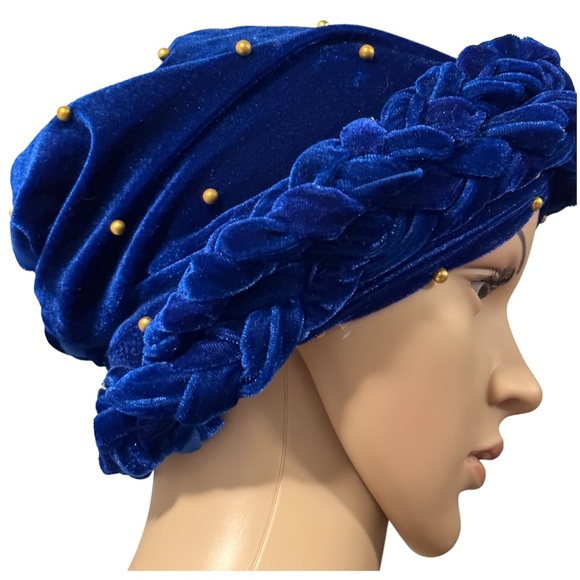 Blue Velvet Hat Ladies Beads Head Wrap Fashion Headscarf - Picture 1 of 5